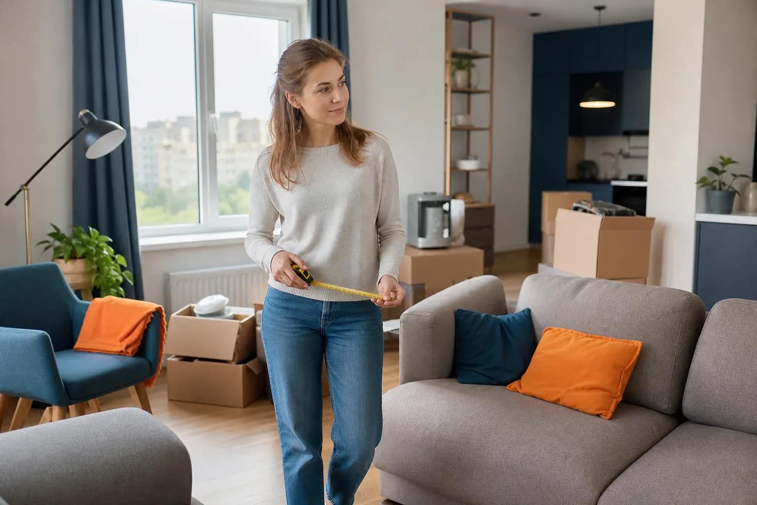 A woman measuring furniture before moving belongings into a ROOM