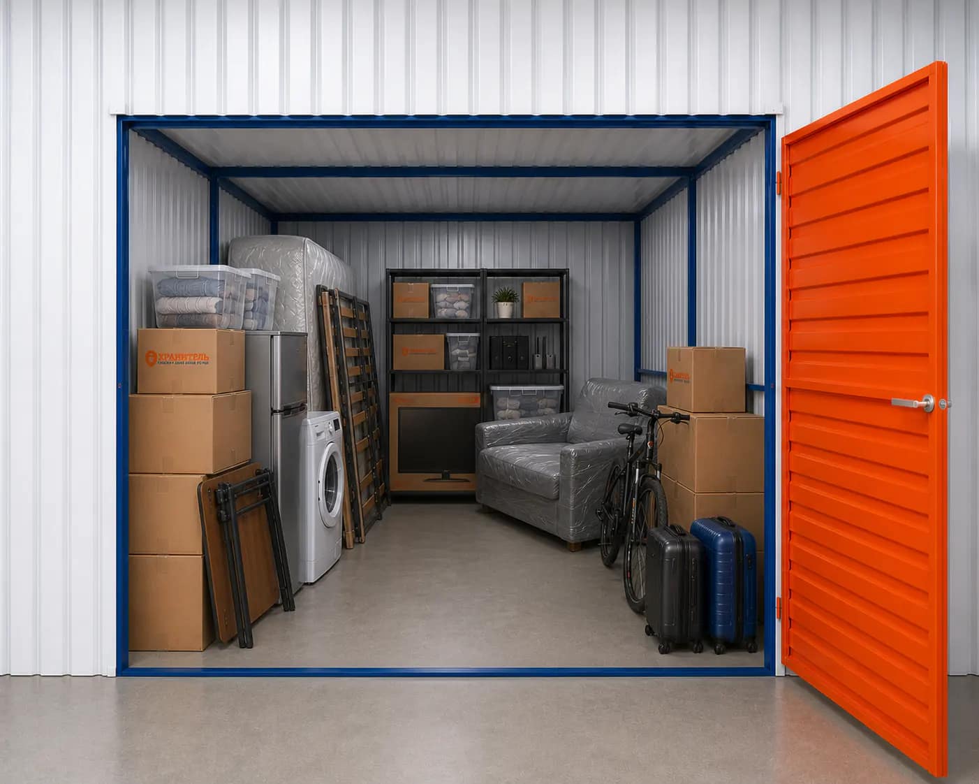 Furniture, appliances and boxes prepared for storage in a ROOM during renovation